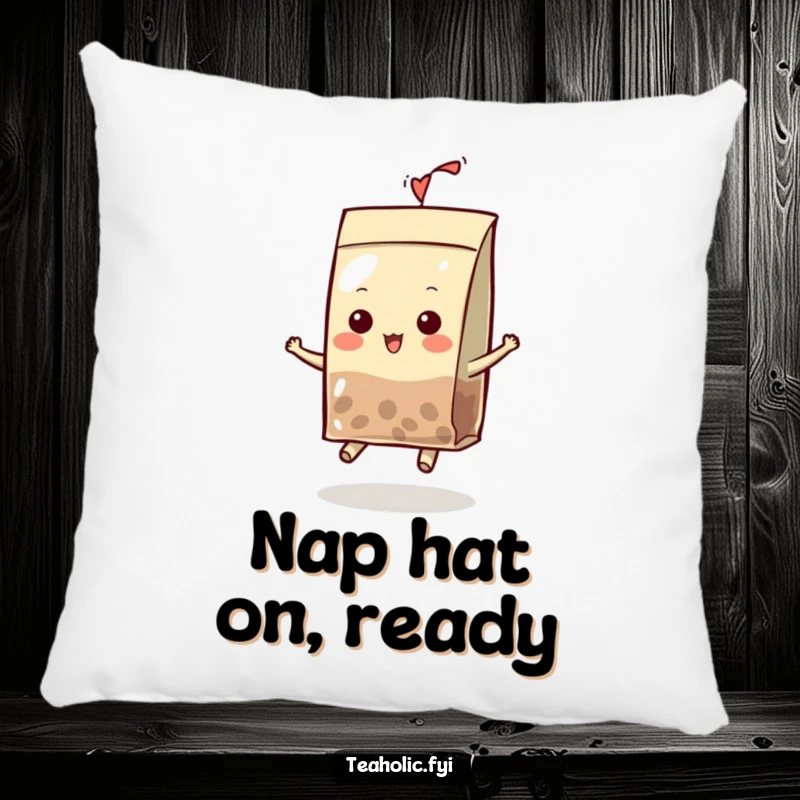 Funny Pillow showcasing a delightful tea bag character in a small hat, bouncing with excitement and radiating adorable charm.