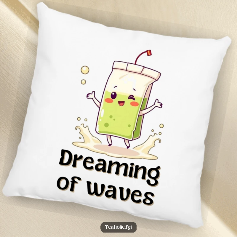 Funny pillow featuring a delighted tea bag character dancing in frothing tea waves, offering plush comfort and a sense of playful motion.