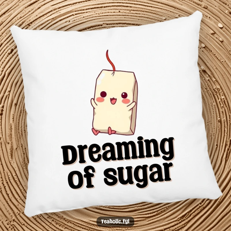 Funny pillow showcasing a tea bag character swinging from a sugar cube, offering comfort and a humorous visual accent.