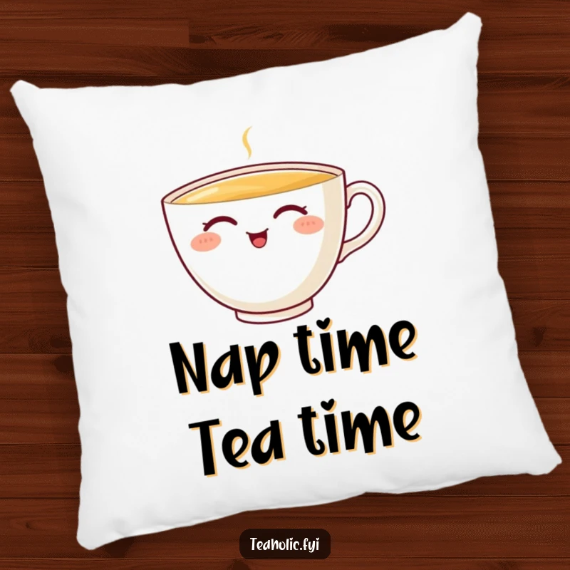 Funny teacup pillow featuring a contented character enjoying a sip, perfect for cozying up or as a funny gift.
