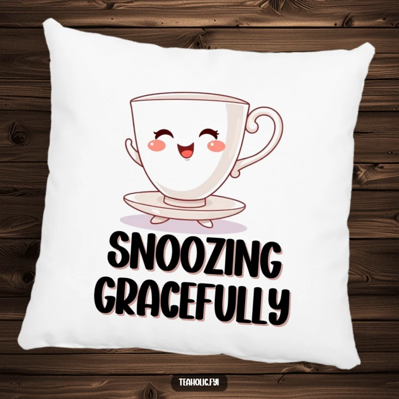 Funny pillow depicting a cheerful teacup character dancing a lively jig on its saucer feet.