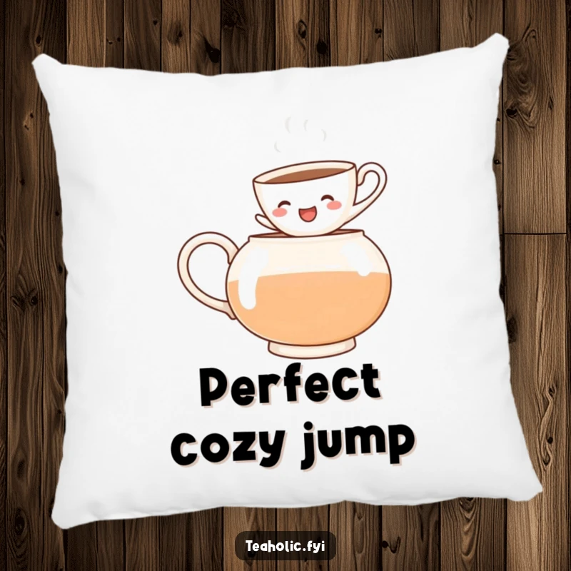 Funny pillow featuring a cheerful teacup jumping into a teapot, offering plush comfort and a humorous, dynamic scene.