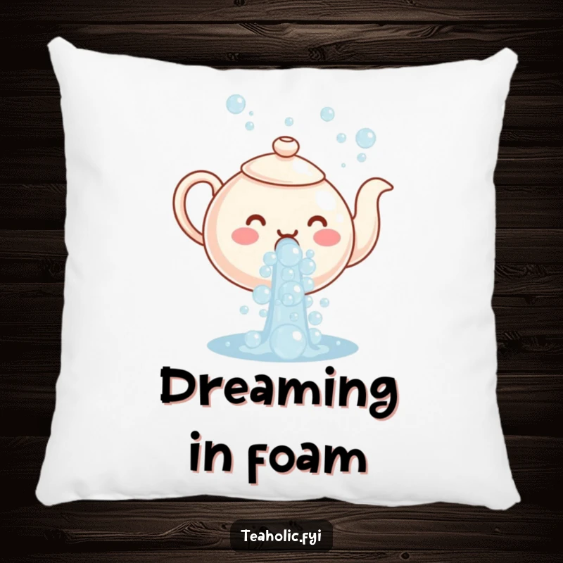Funny pillow adorned with a teapot character happily pouring a cascade of bubbles, soft, comfy, and amusing.