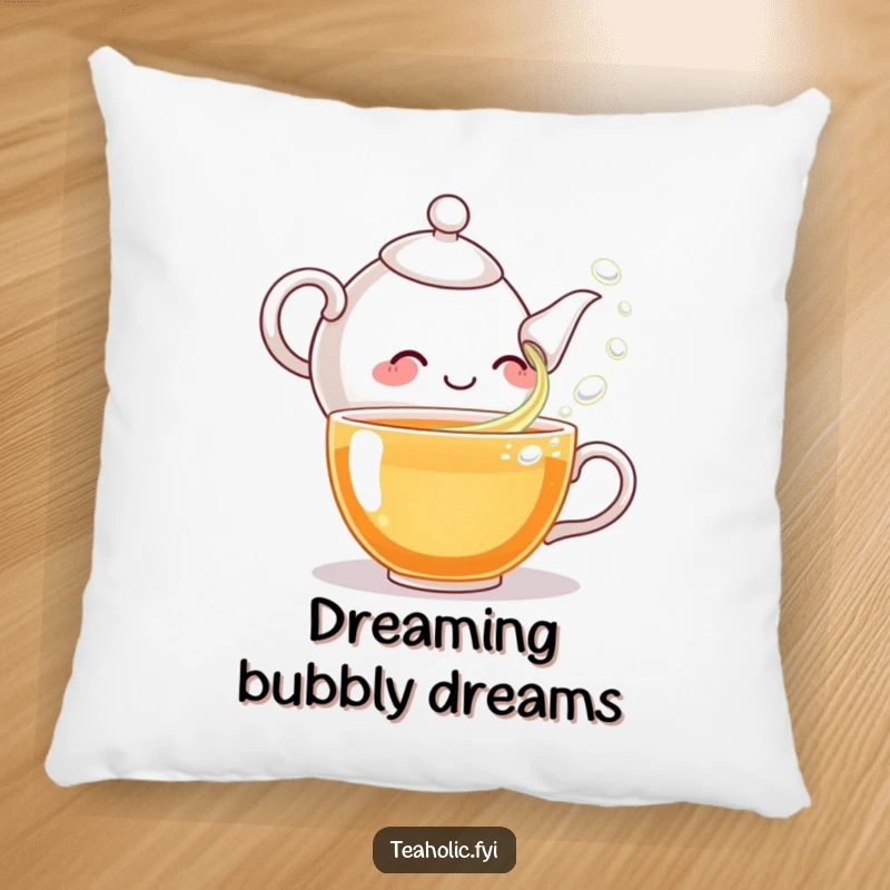 Funny pillow featuring a giggling teapot character pouring bubbles, offering plush comfort and a humorous tea-time scene.