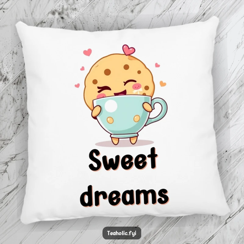 Funny cookie pillow with a charming cookie character giving a wink, holding a teacup overflowing with pure, delightful joy.
