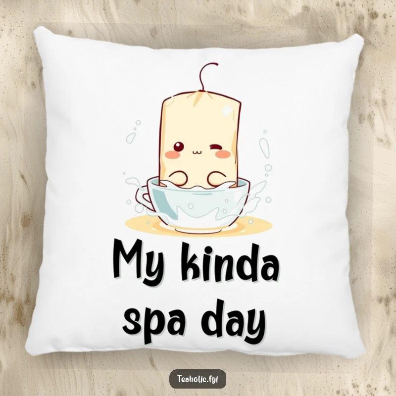 Funny pillow adorned with a tea bag character having an absolute blast splashing in a hot water mug, soft and amusing.