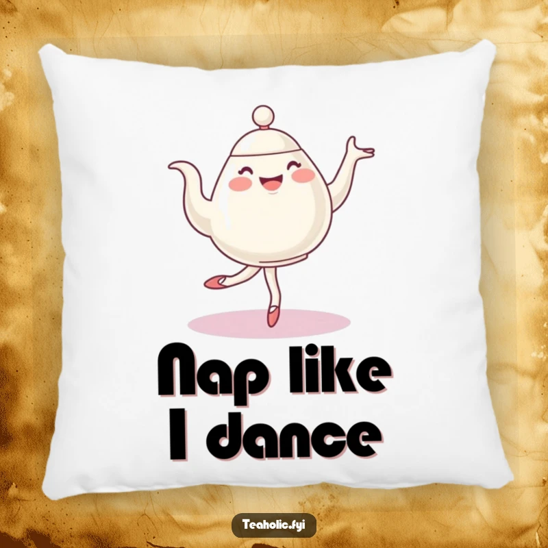 Funny ballet teapot pillow, a cheerful character performing a graceful pirouette, soft and comfortable decorative cushion with a humorous theme.