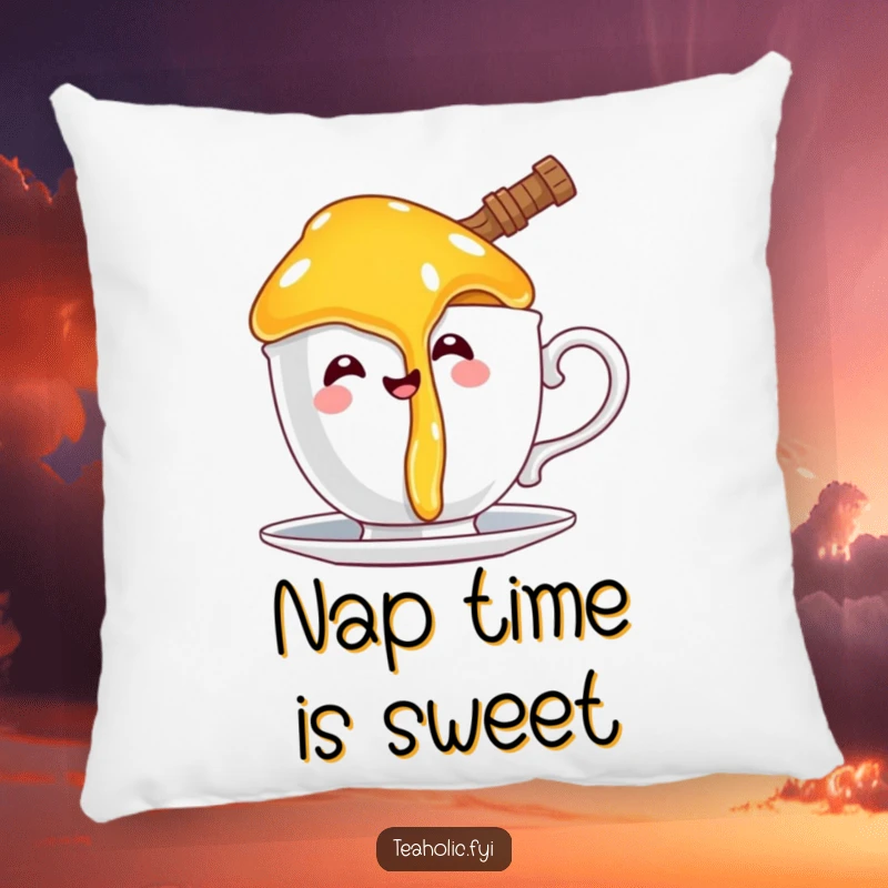 Funny pillow with a happy honey pot character comically dripping onto a teacup handle, offering comfort and sweet, sticky humor.
