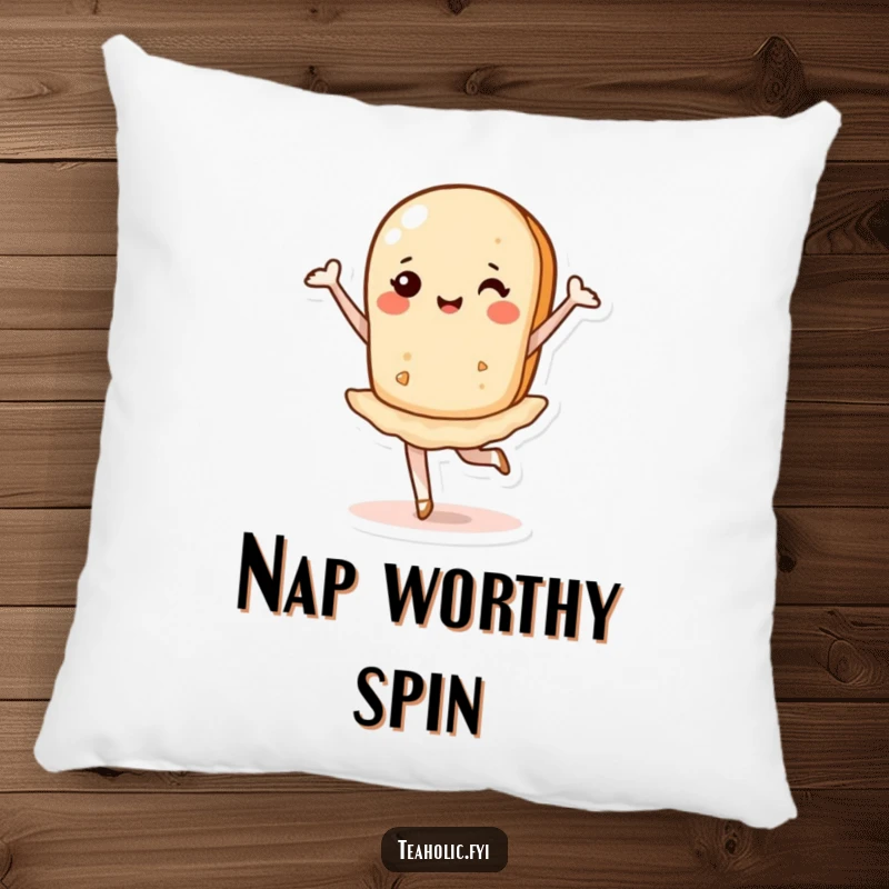 Funny pillow design showing a cheerful tea biscuit performing a delightful ballet pirouette, perfect for lounging.