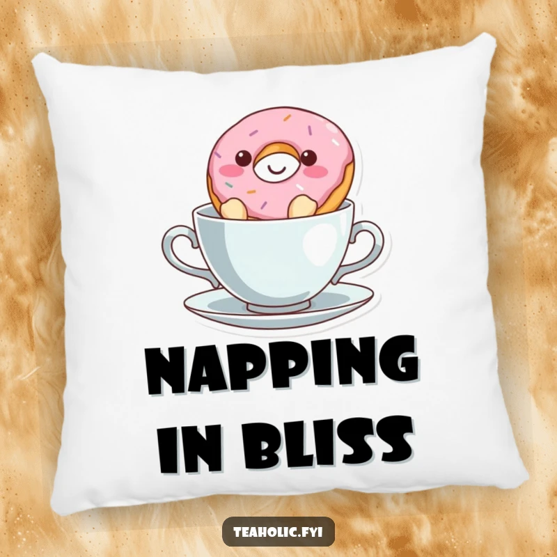 Funny donut character enjoying a teacup float on a soft pillow, a humorous and cute home decor item.