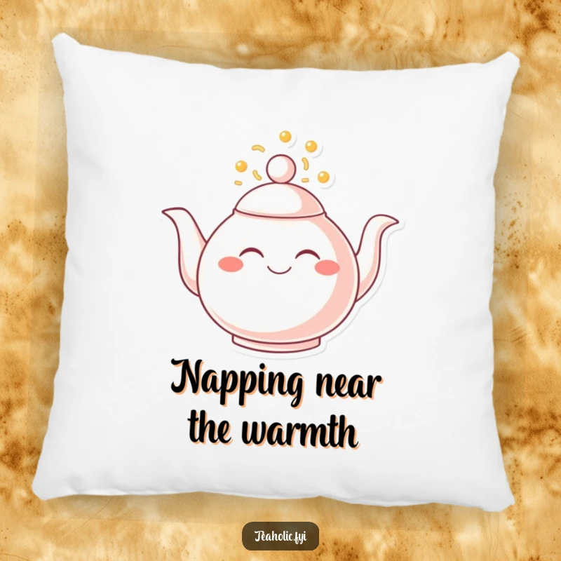 Funny pillow featuring a smiling teapot overflowing with joy, offering soft, warm comfort and cheerful vibes.