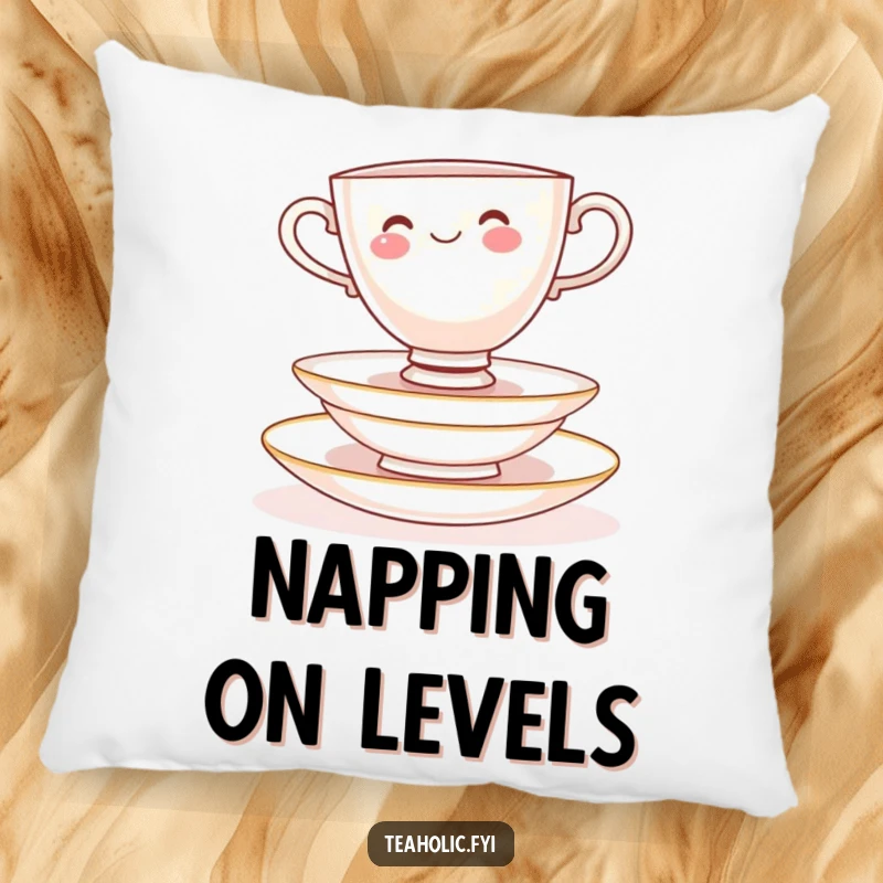 Funny Pillow: Cheerful teacup character balancing on delicate saucers, soft and full of whimsical charm.