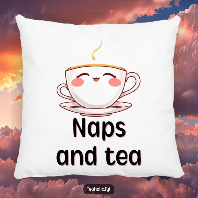 Funny thrilled teacup pillow featuring a character blissfully enjoying tea with closed eyes, perfect for adding comfort and humor to any space.