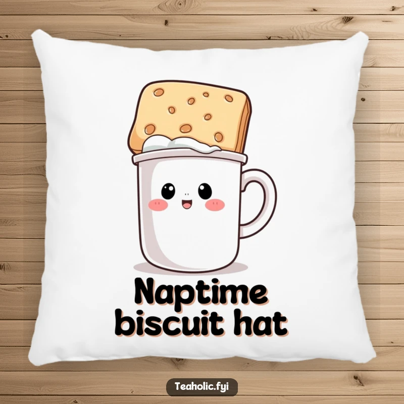 Funny pillow featuring a mug character humorously wearing a biscuit as a hat, providing comfort and a dose of quirky decor.