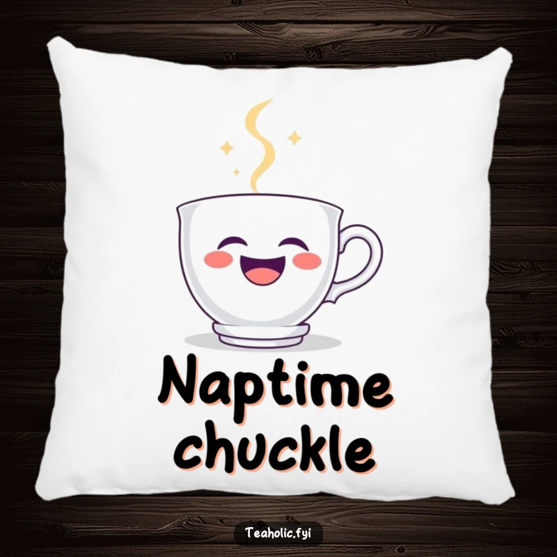 Funny teacup pillow with a happy teacup character laughing, its steam forming a cheerful smiley face, offering comfort and joy.