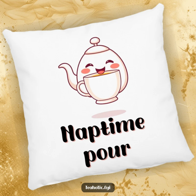 Funny cheerful teapot character joyfully pouring tea into a hovering mug, embroidered on a soft, decorative pillow.