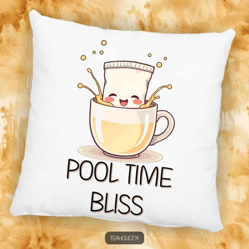 Funny Pillow: Happy tea bag character splashing playfully in a steaming mug, soft and full of smiles.