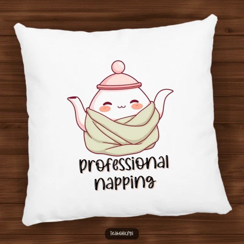 Funny cozy teapot pillow featuring a contented teapot character wrapped in a blanket, perfect for adding comfort and a cute, humorous touch.