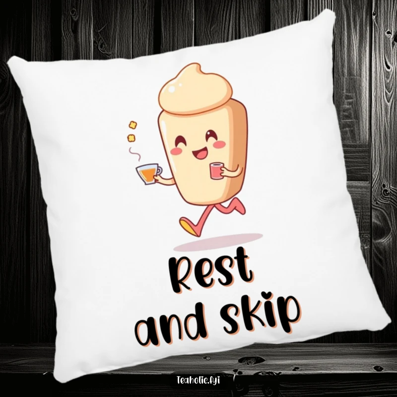 Funny pastry pillow with a smiling pastry character happily skipping, holding a cup of tea, designed to bring joy and comfort.