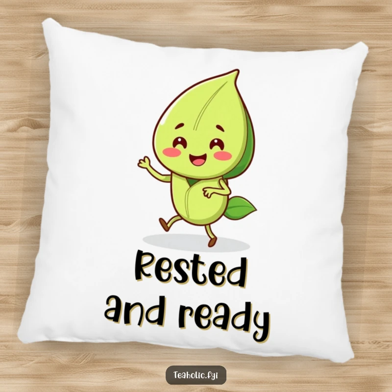Funny pillow adorned with a smiling tea leaf character doing a joyful jig, soft, comfy, and wonderfully amusing.