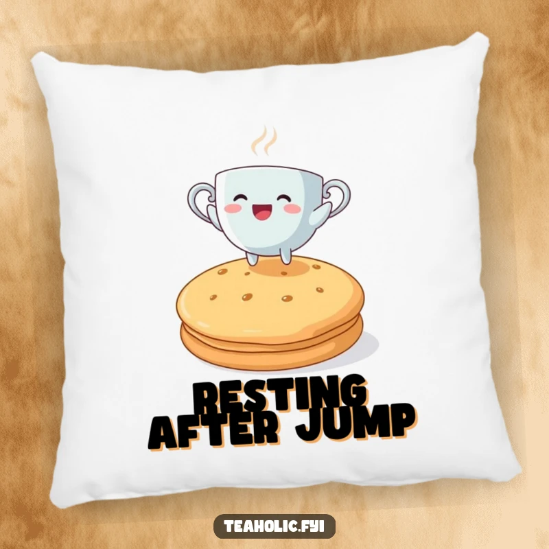 Funny steaming teacup character joyfully leaping over a giant biscuit, a soft and humorous pillow.