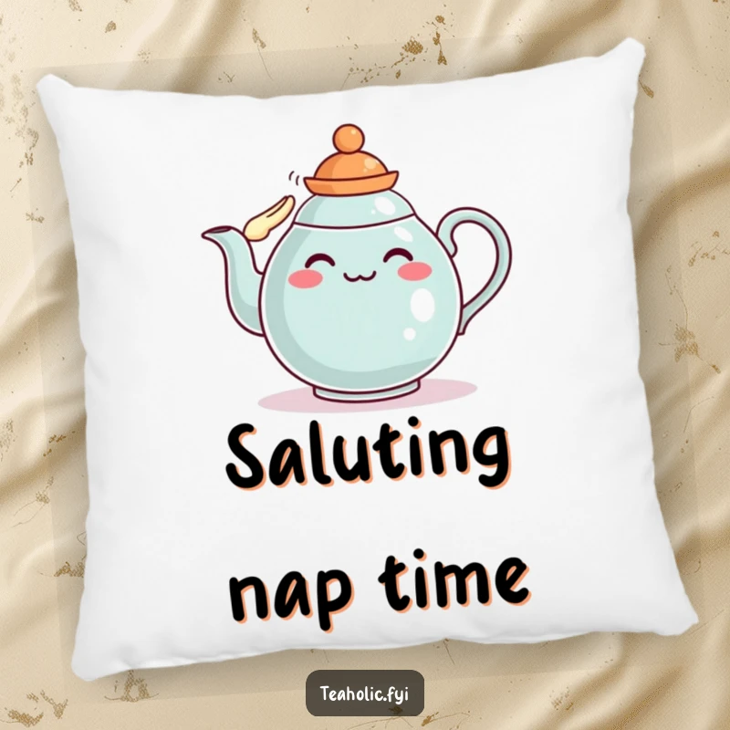 Funny teapot pillow featuring a character saluting proudly, perfect for comfort and as a funny gift.