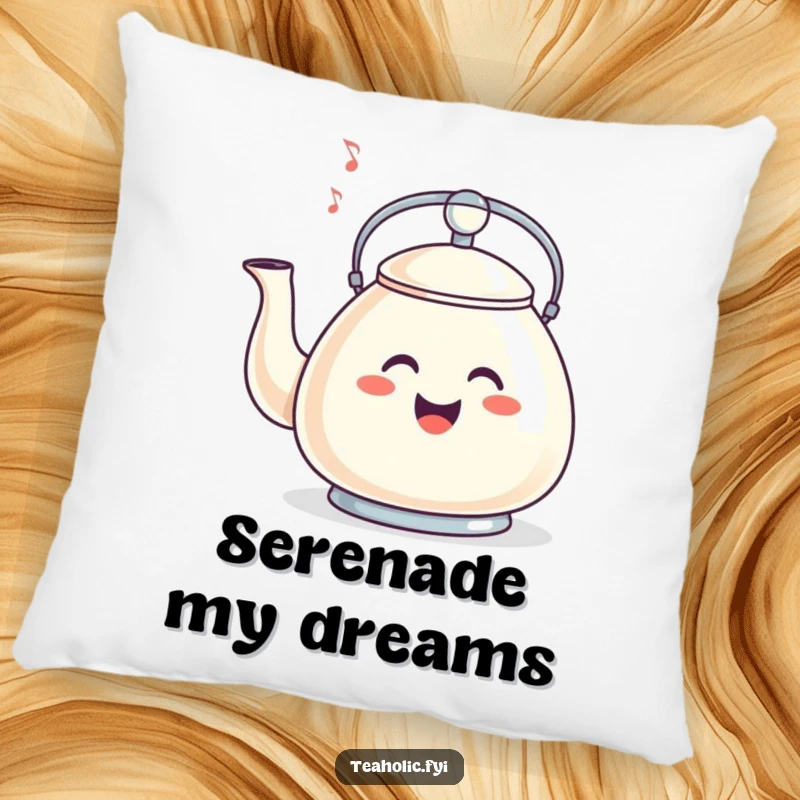 Funny pillow featuring a tea kettle whistling a happy tune, adding whimsical comfort and melody to any room.