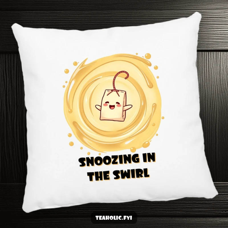Funny pillow with a delighted tea bag character blissfully floating in a swirling vortex of tea, a soft funny gift.