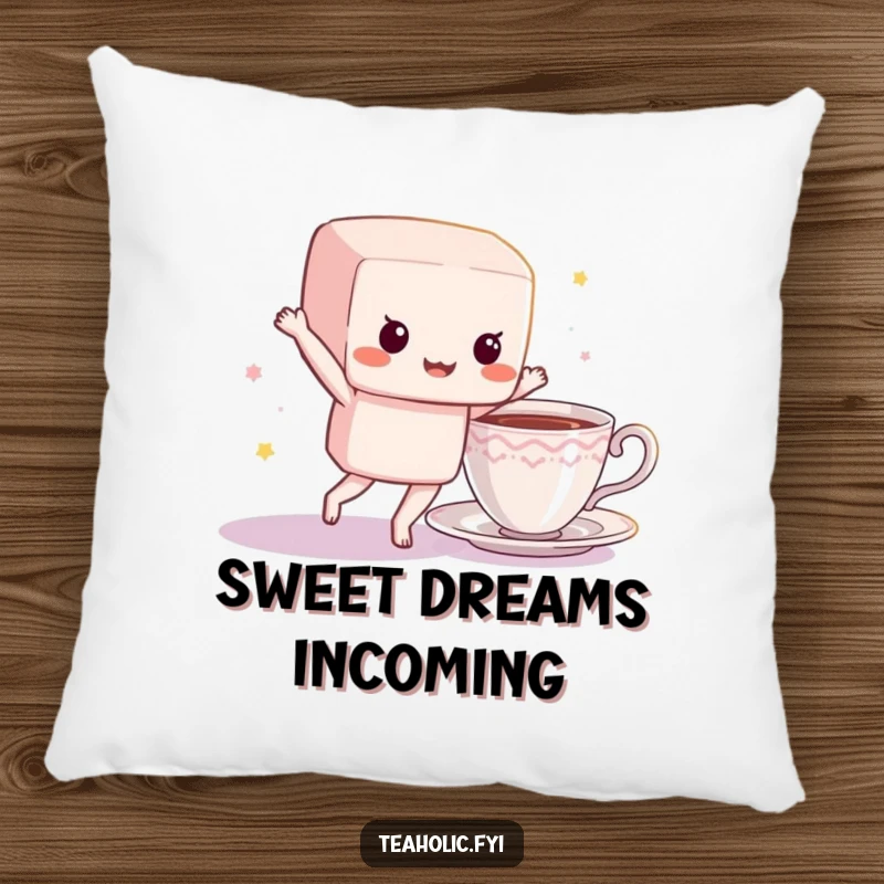 Funny sugar cube pillow featuring a dancing character near a teacup, perfect for adding a touch of sweet comfort and humor.