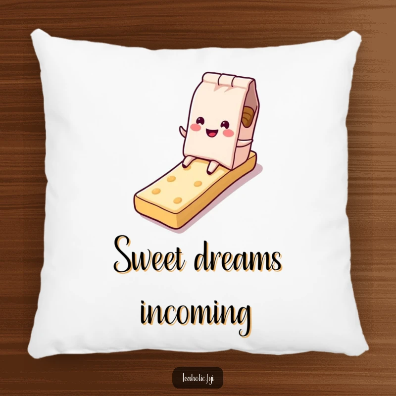 Funny tea bag pillow, character sliding down sugary biscuit slide, soft and comforting, perfect funny gift.