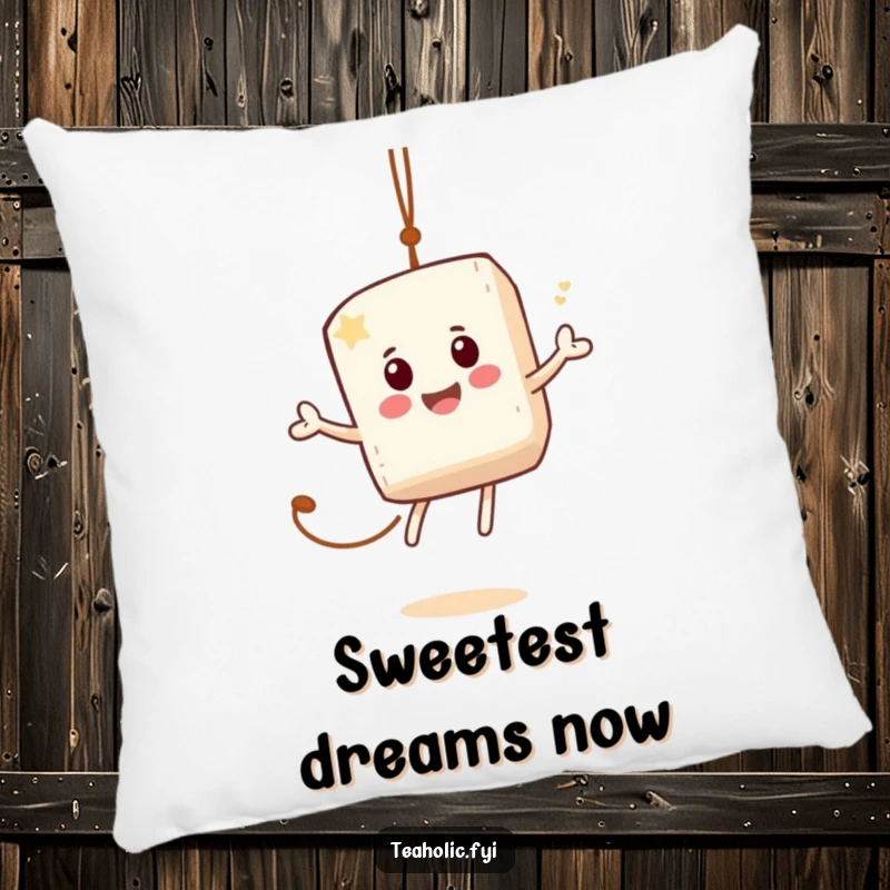 Funny pillow featuring a jovial sugar cube character energetically bouncing on a tea bag string, perfect for sweet naps.