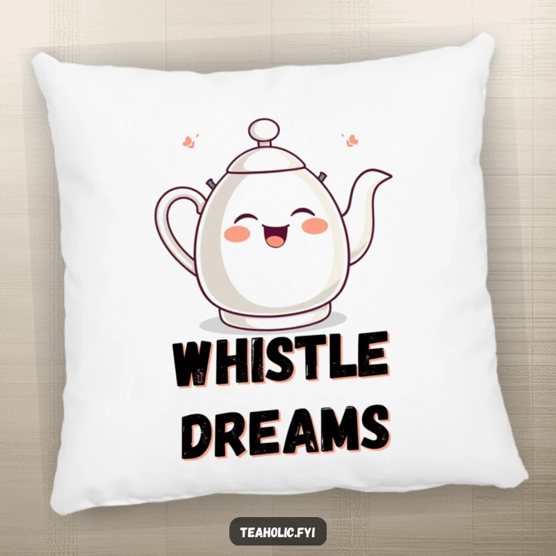 Funny tea kettle pillow featuring a giggling kettle whistling with delight, offering soft comfort and humorous cheer.