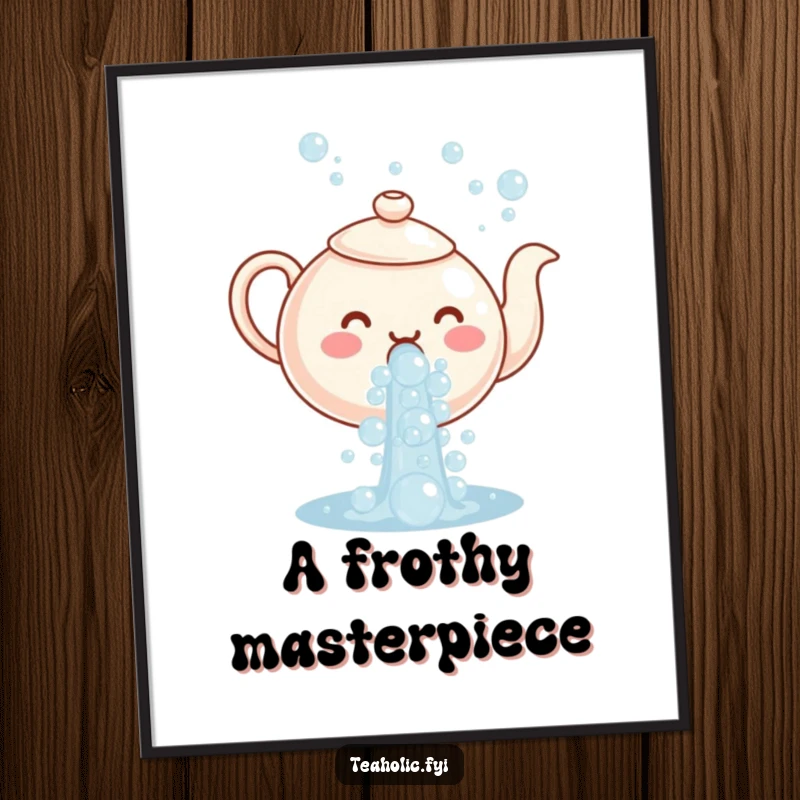 Funny digital art print of a smiling teapot character pouring a delightful cascade of effervescent bubbles, vibrant and humorous.