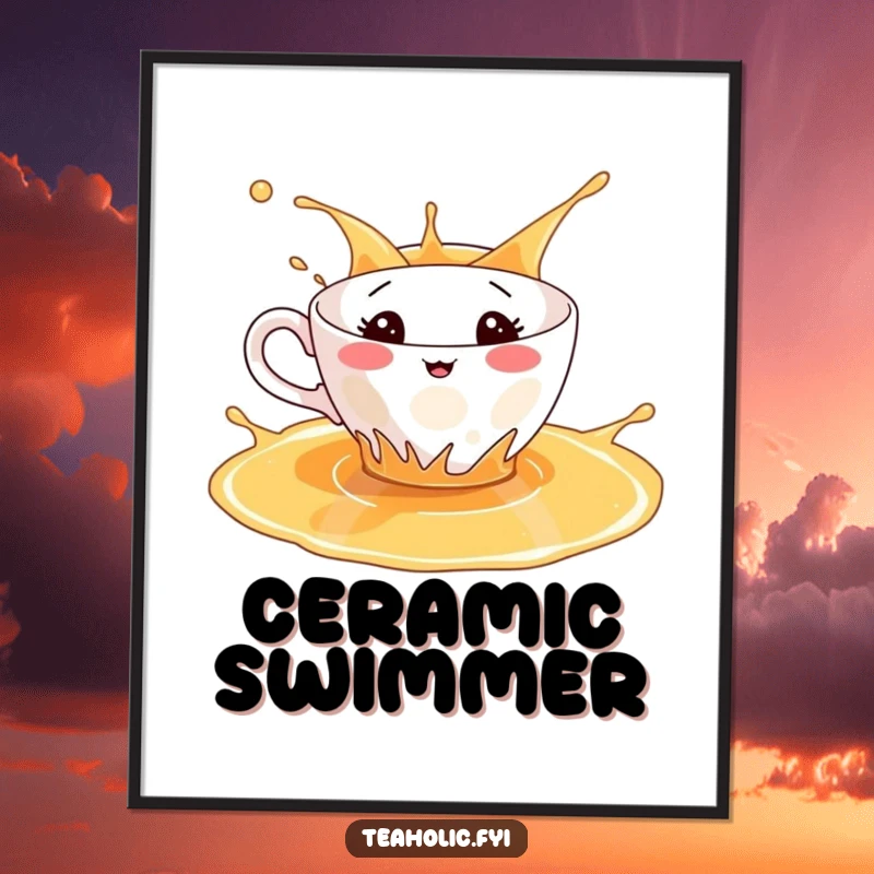 Funny digital art of a teacup character playfully splashing in tea, bringing instant cheer and whimsy.