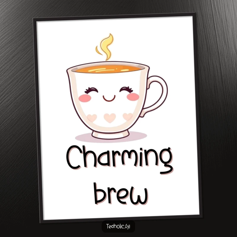 Funny teacup digital art print of a happy teacup with a charming smile and a wink, creating a cheerful atmosphere.