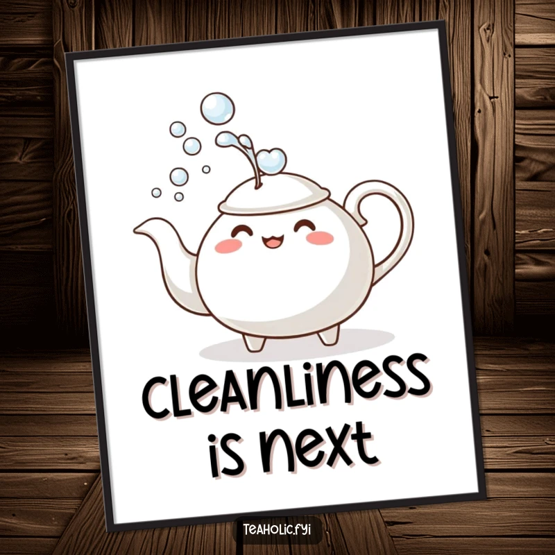 Funny Digital Art Print: Teapot character comically dousing itself with a stream of bubbles, ready to hang and amuse.