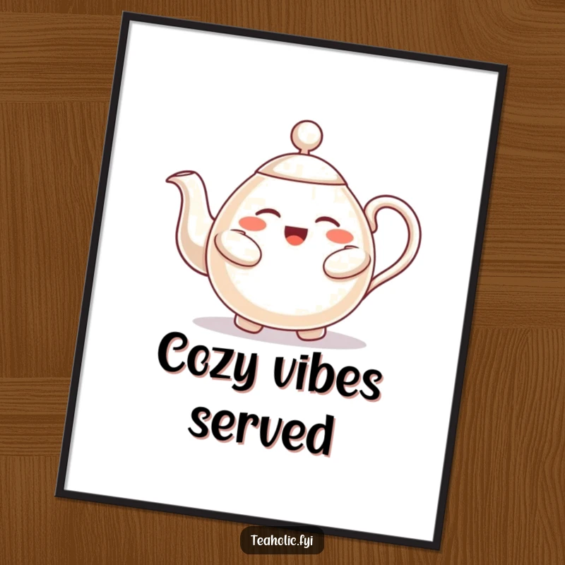 Funny digital art print of a cheerful teapot character offering a warm hug, perfect for creating a cozy and inviting atmosphere.