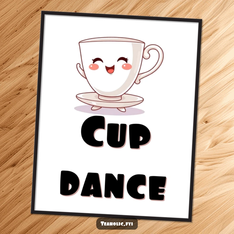 Funny digital art print of a cheerful teacup character dancing a lively jig on its saucer feet.