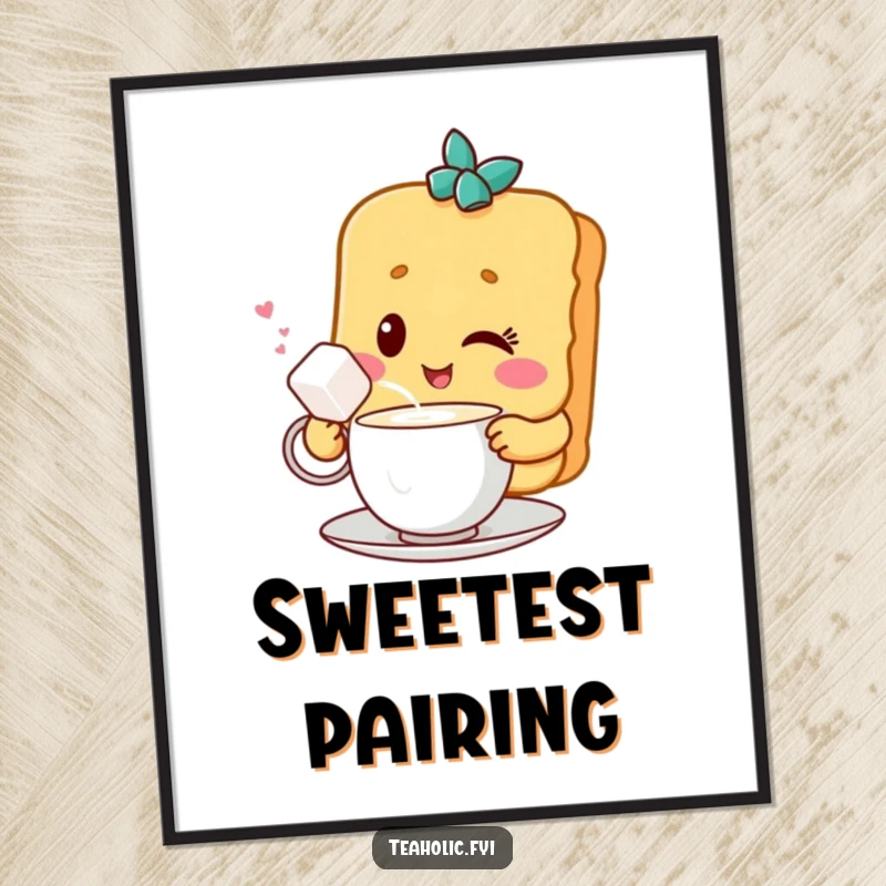 Funny digital art print of a winking biscuit character sharing tea with a sugar cube, perfect for adding sweet and humorous decor.