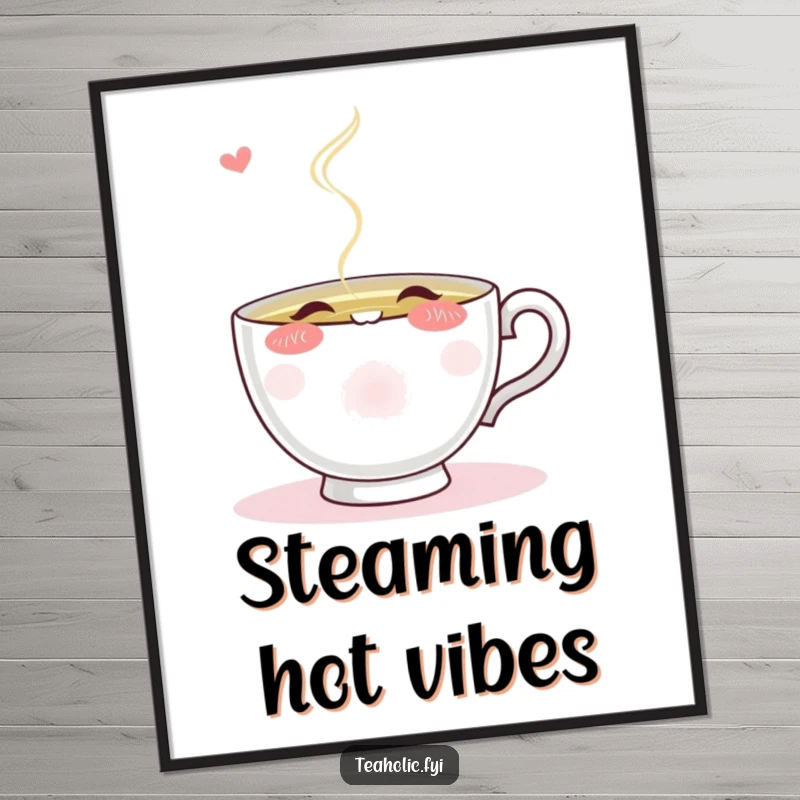 Funny blushing teacup character eagerly sipping from a stream of steaming tea, as a downloadable humorous art print.