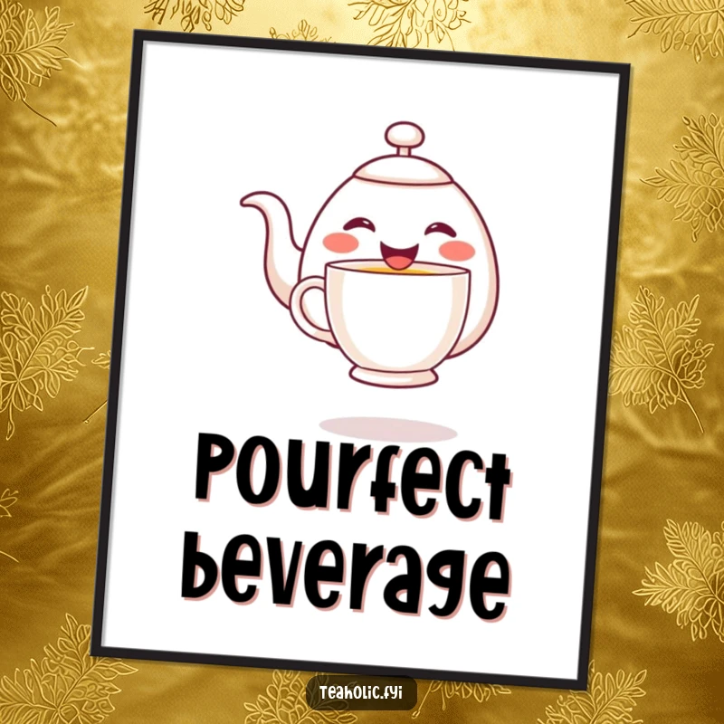 Funny cheerful teapot character joyfully pouring tea into a hovering mug, as a downloadable humorous art print.