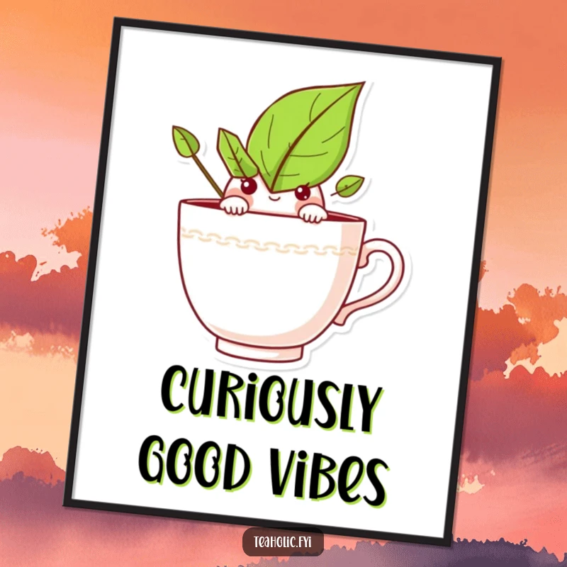 Funny digital art print of a curious tea leaf character peeking over a teacup rim, adding intrigue and humor.