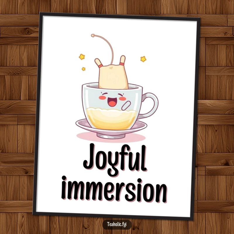 Funny digital art print of a tea bag character happily somersaulting into a frothy cup, a dynamic funny gift.