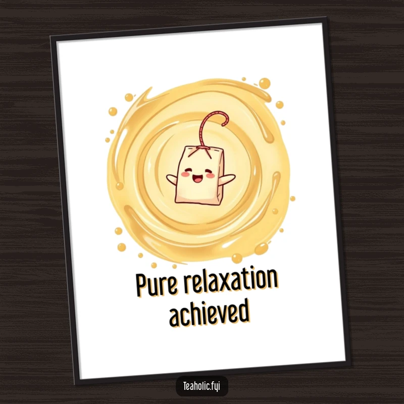 Funny digital art print of a delighted tea bag character floating contently in a swirling tea vortex, a downloadable funny gift.