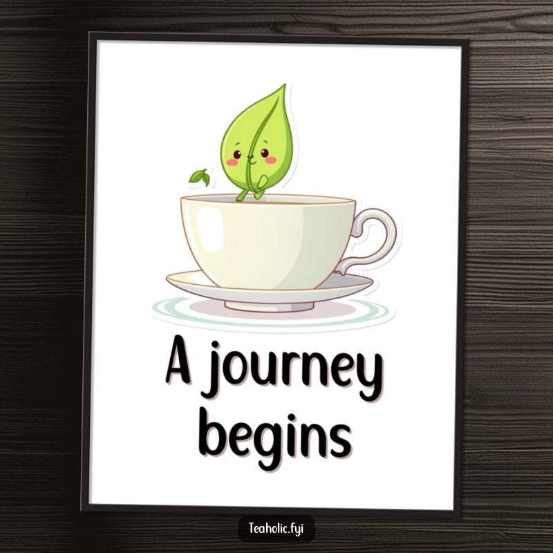 Funny digital art print of a smiling tea leaf character sailing across a large teacup, a downloadable funny gift.