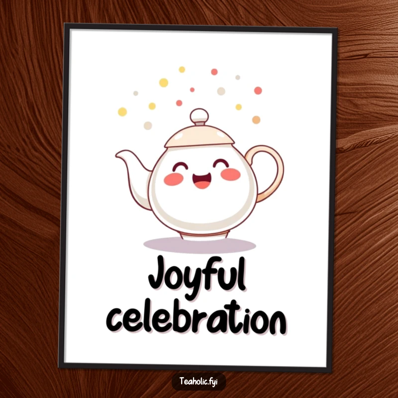 Funny digital art print of a cheerful teapot character spilling playful tea droplets like confetti, a festive funny gift.