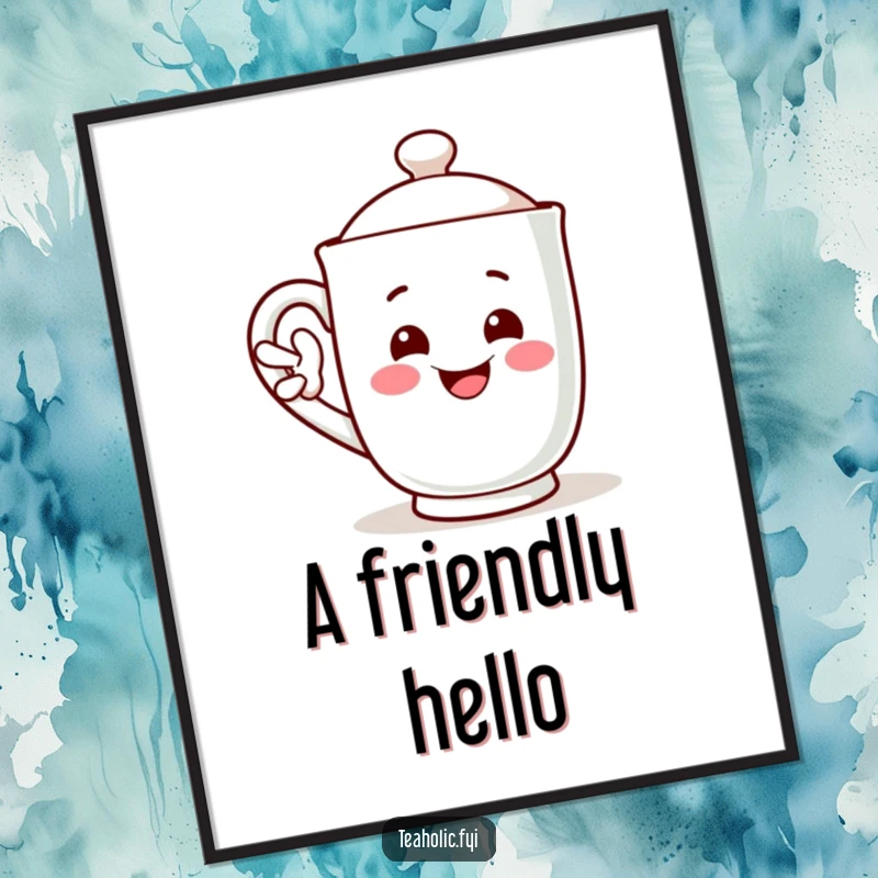 Funny digital art print of a smiling mug character waving its handle, a welcoming funny gift.