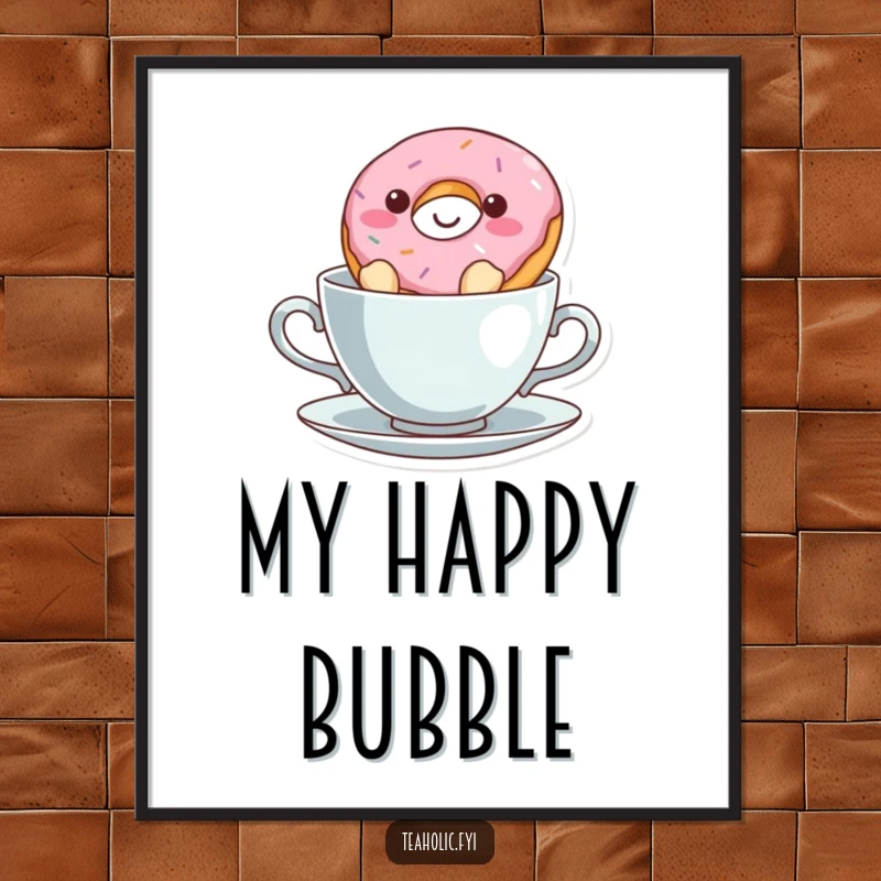 Funny donut character floating happily in a teacup, a high-resolution digital art print with humorous charm.