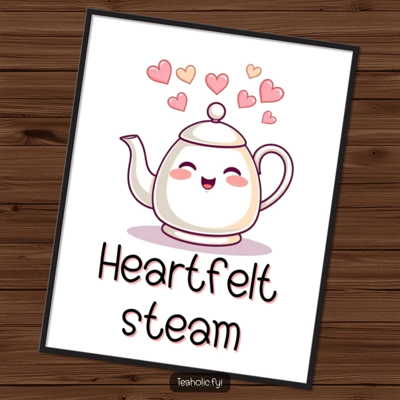 Funny tea kettle digital art print, giggling character, heart steam, instant download, perfect funny gift.