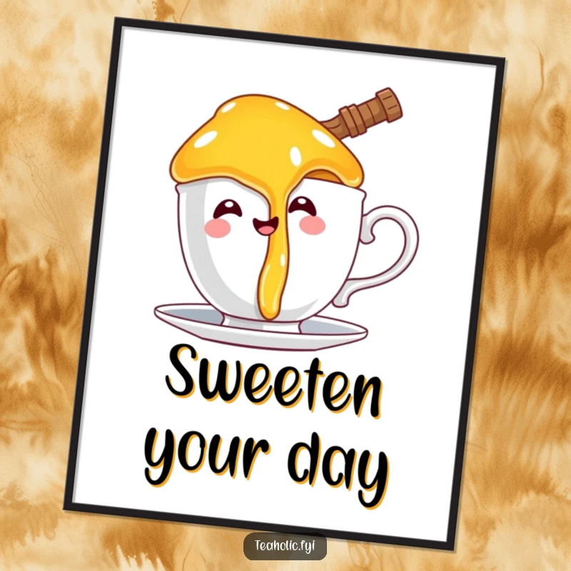Funny digital art print of a happy honey pot character comically dripping onto a teacup handle, perfect for humorous decor.